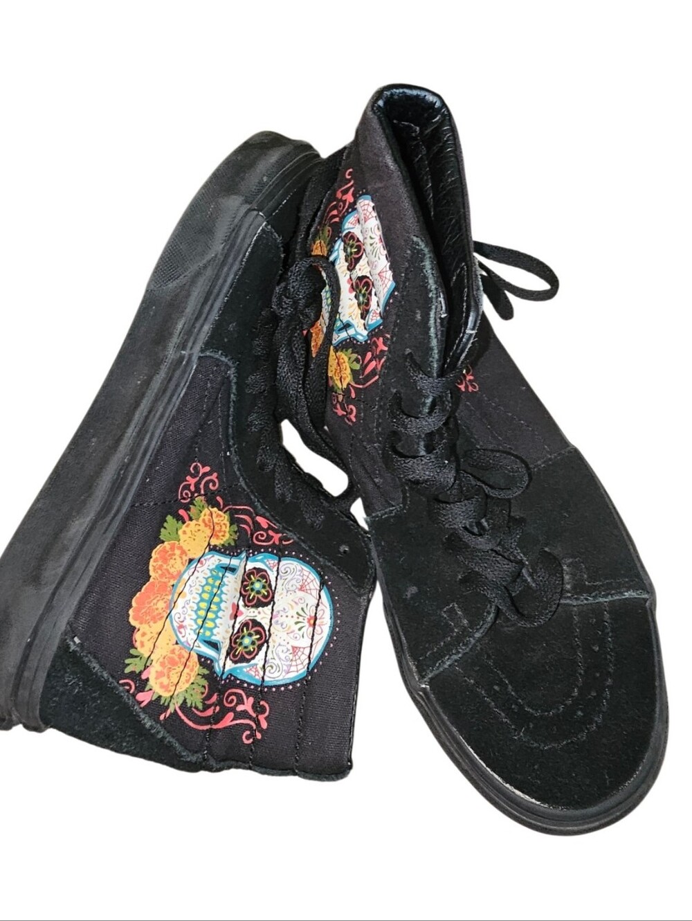 Black High-Top Women's Sneakers with Colorful Sugar Skull Accent
